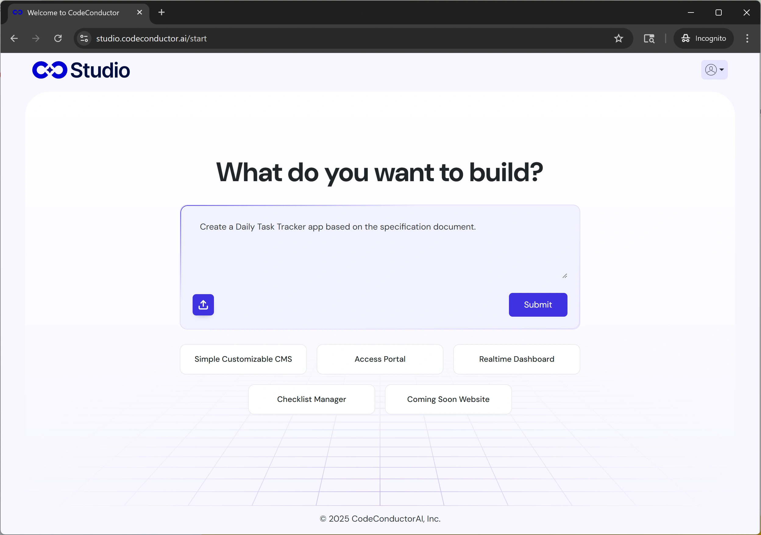 Start a new app in CodeConductor