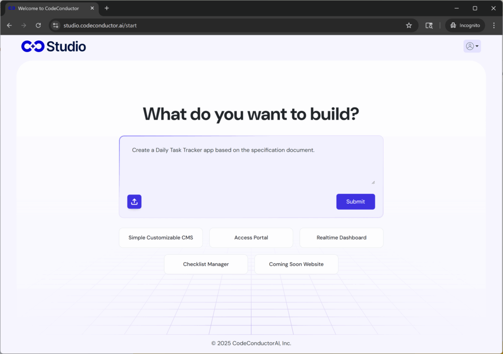 Start a new app in CodeConductor