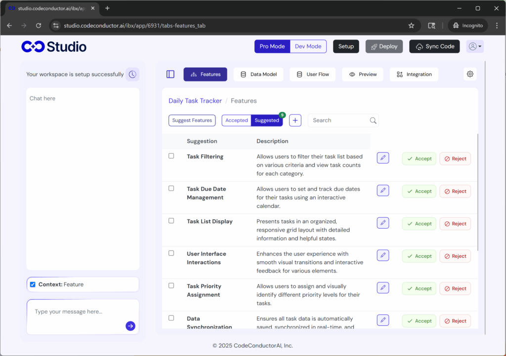 Suggested in the Features tab